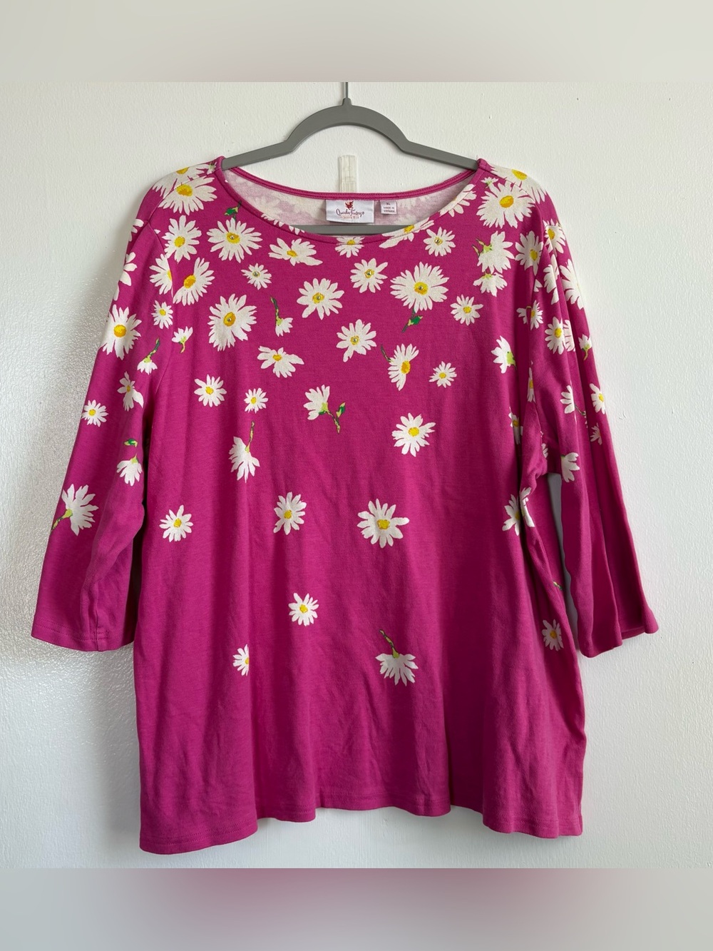 Quacker Factory by Jeanne Bice Pink Floral Knit Tunic Rhinestones 3/4 Sleeve XL